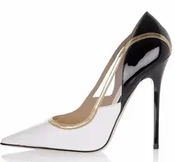 Пикантные женские туфли-лодочки на высоком каблуке из кожи белого, черного и золотистого цвета, классические женские туфли-лодочки