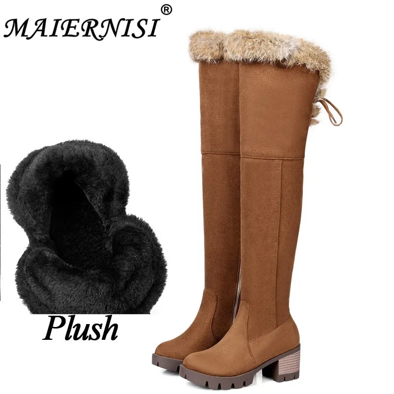 

2019 Plus Size Women Over The Knee Block 5.5cm High Heels Long Felt Boots Winter Plush Snow Boots Female Warm Suede Knight Shoes