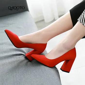 

Ladies High Heels Fashion Pointed Toe Thick Heel Pumps Slip On Spring Autumn Dress Shoes Women Beige Black Red