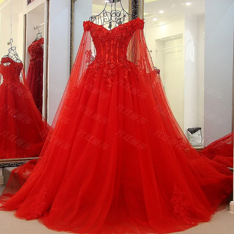 Красное свадебное платье; Robe Mariage Femme; фатиновое бальное платье с бисером на шнуровке; свадебное платье принцессы с накидкой; avondjurk