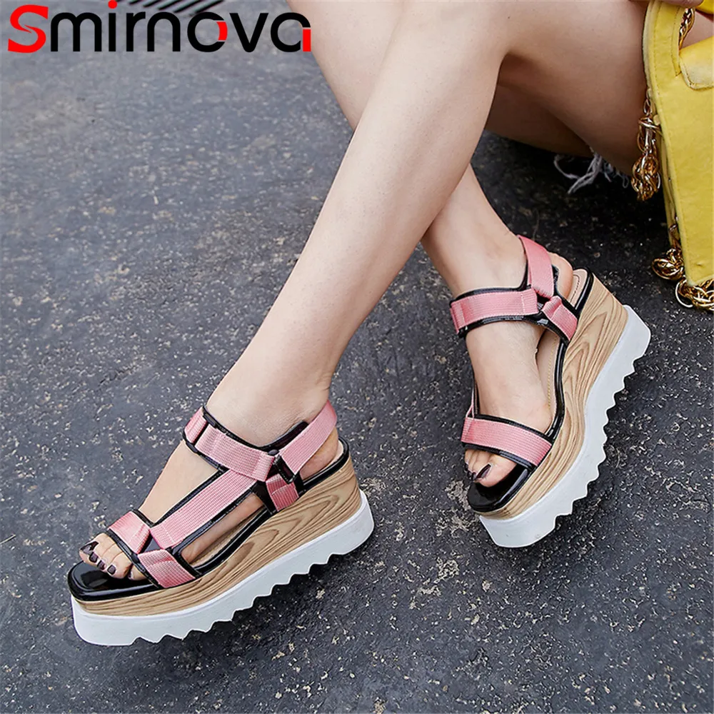 

Smirnova black pink fashion summer new shoes woman platform wedges shoes elegant prom sandals women genuine leather shoes