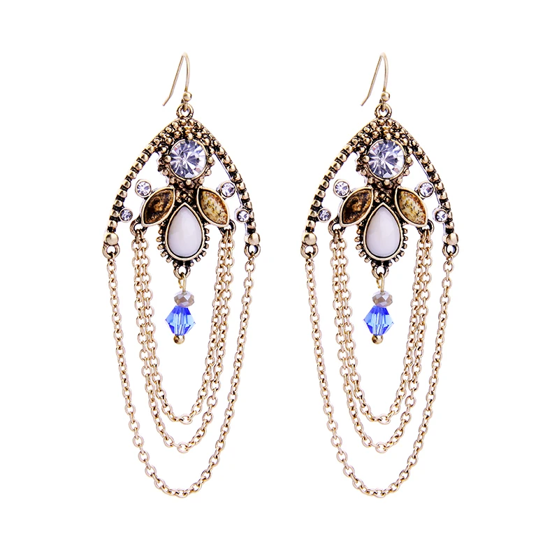 Blue Unique Resin Crystal Indian Jewelry Design Earrings Retro Court Golden Natural Stone Chandelier Drop Earrings Ear Pierced