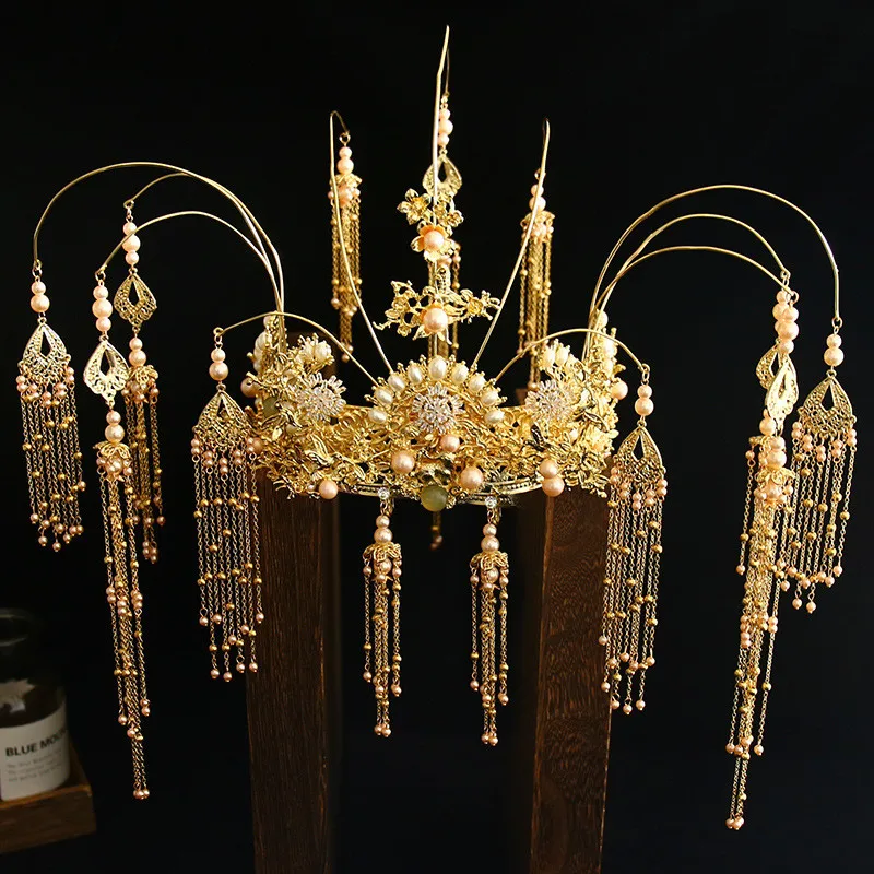 PEORCHID Gold Chinese Hair Jewellery Vintage Tassels Beaded Pearl Crown Headband Bridal Tiara Luxury Wedding Headpieces