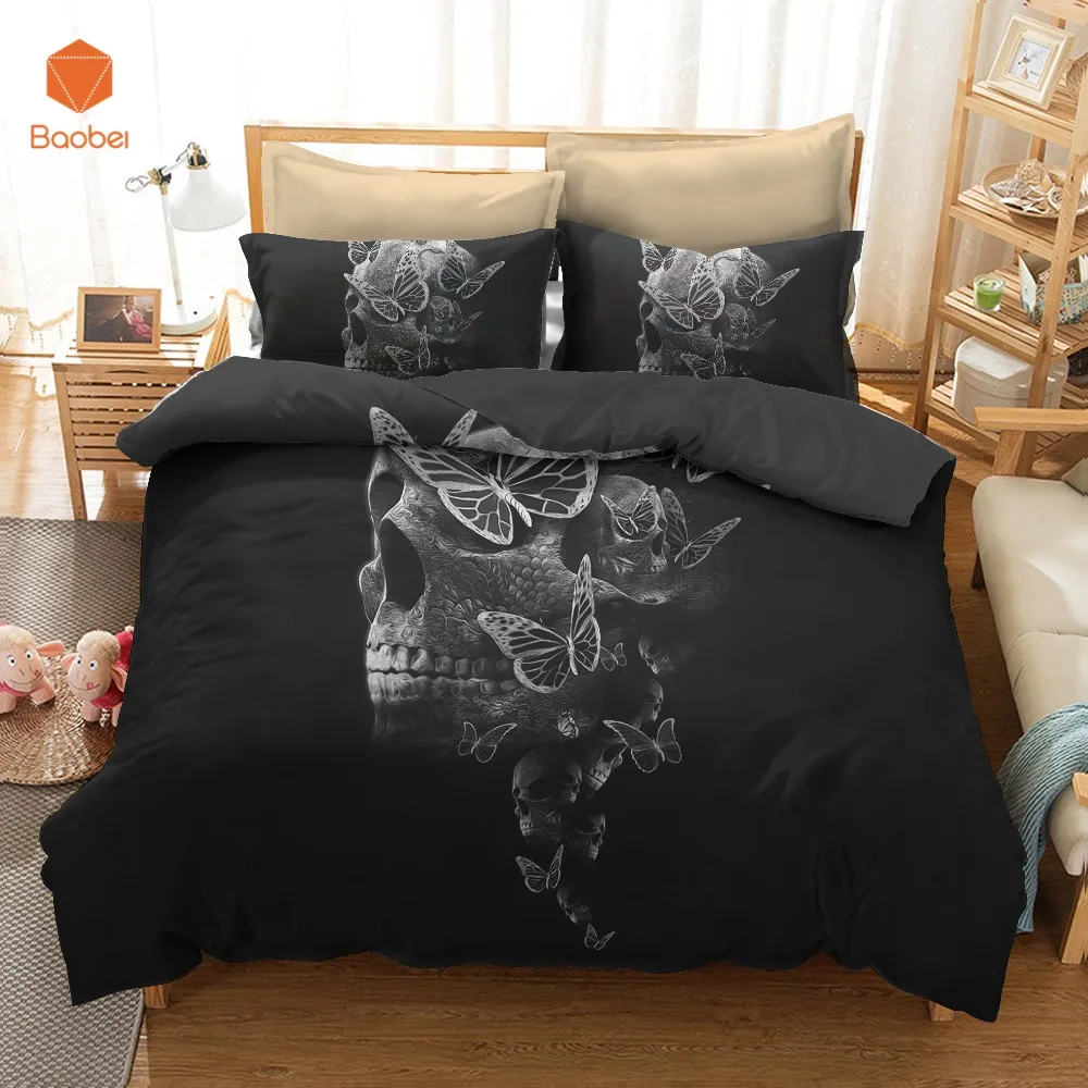 3pcs 3d Silver Skull Black Bedding Set With Pillowcases Duvet