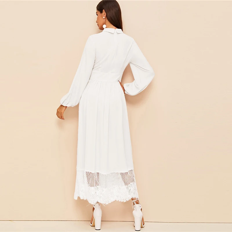 SHEIN, однотонное, контрастное, с кружевным подолом, Элегантное макси платье для женщин,, Осеннее, с широким поясом, расклешенное, длинное, вечерние платья