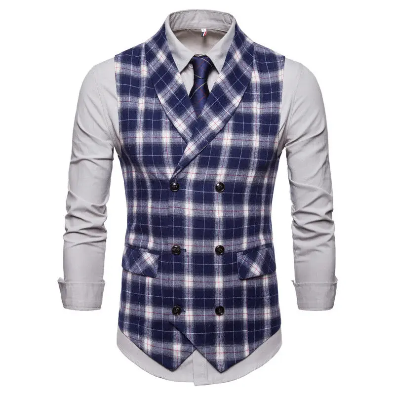 Blue Plaid Мужской Клетчатый полосатый винтажный двубортный костюм жилет Модные мужские деловые облегающие платья жилеты костюм смокинг жилет - Цвет: Blue Plaid