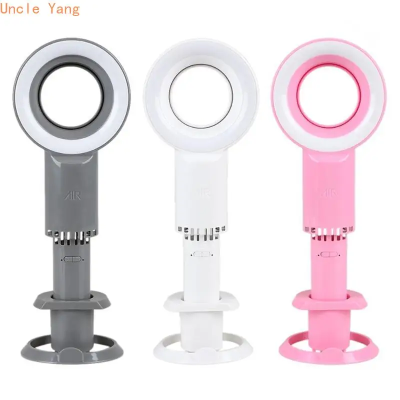 

2019 Mini Handheld Cooling Fan Cooler Air Ventilationer with Light Mobile Phone Holder 3 Speed Adjustable Bladeless Fan USB