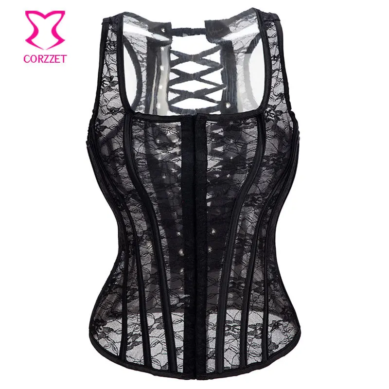 XS XXL Summer Style Transparent Lace Corset Black Espartilhos E