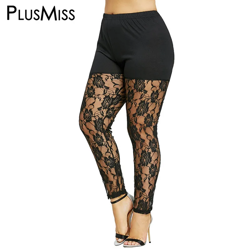 PlusMiss размера плюс 5XL Высокая Талия черное сексуальное облегающее кружевное платье-футляр для женщин в цветочек прозрачные леггинсы Для женщин обтягивающие прозрачные сетчатые брюки капри большой Размеры