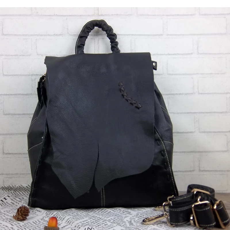 

2018 New Vintage Handmade Genuine Leather Women's Casual Backpack Patchwork Large Size Knitting Multi-function Shoulder Bags
