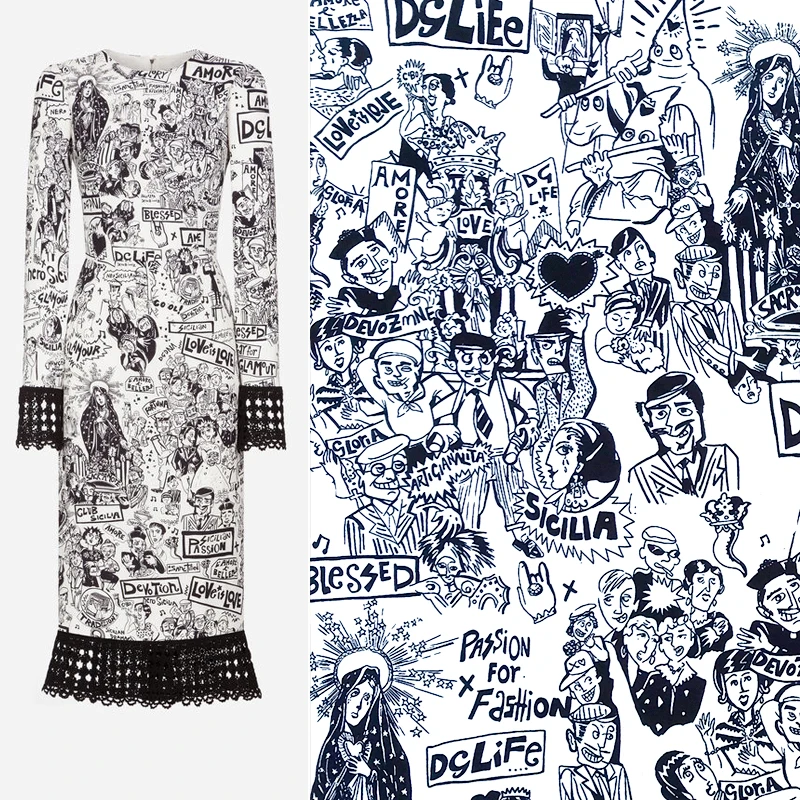 

145cm Width Sicilia Cartoon Figures White Polyester Cady Linen Fabric for Woman Summer Dress Skirt Blouse Pants Sewing DIY-AF957