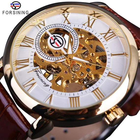 Forsining 3d логотип дизайн полые гравировка черный золотой чехол кожаный Скелет механические часы для мужчин люксовый бренд Heren Horloge - Цвет: Brown
