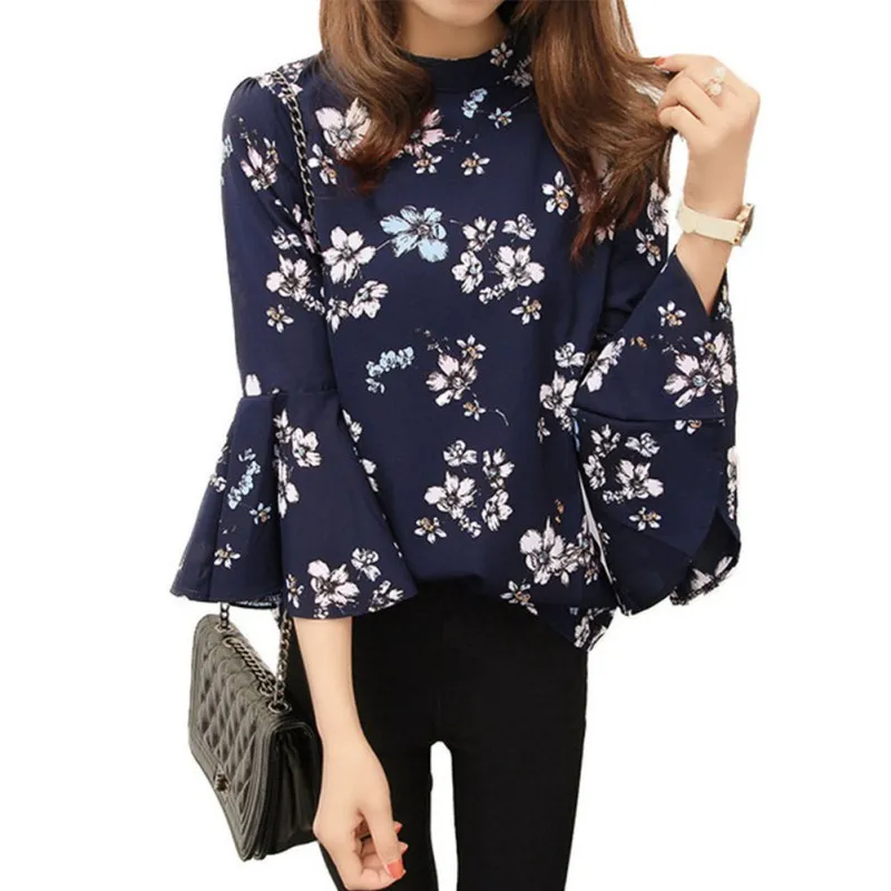 

Women Floral Chiffon Blouse Ladies Office Flare Sleeve Shirts Fashion Tops