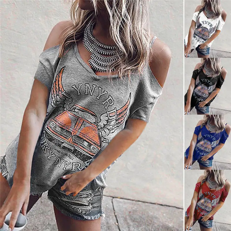 

Fashion Cool Girls Shirt Women Casual V-Neck Off Shoulder Letter Print Short Sleeve Loose Tops Shirt For Lady S-XL Tee Hipster