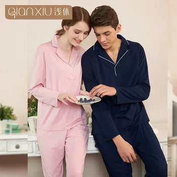 

Spring&Autumn new Men Pajama Set Long Sleeve Cotton Man Pyjamas solid color couple Pajamas Casual Turn-down Collar Sleepwear