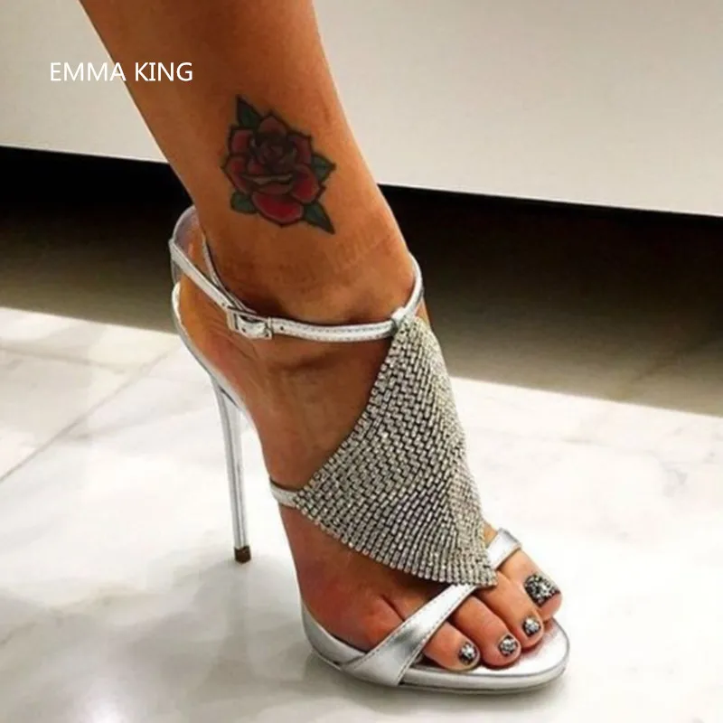 

Silver Glittering Metal Decorated Sexy Women Sandals Stilettos Ankle Buckle Fashion Gladiator Sandals High Heels Ladies Shoes