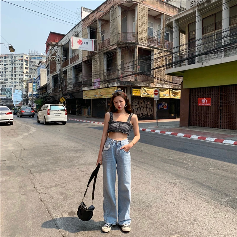 

Retro High waist wide leg Pants Female Summer New Trousers 2019 Straight Loose slimming versatile Jeans QQ136