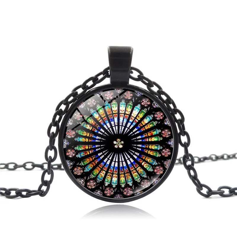 Dame De Paris Cathedral Jewelry Rose Window Stained Photo Cabochon Glass Pendant Black Chain Necklace Christian Gifts for Women |