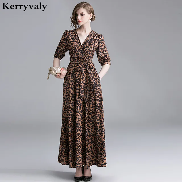 Cheap New Retro Bubble Sleeve Leopard Long Party Dress Ropa Mujer Verano 2019 V-neck Maxi Dresses Woman Party Night Robe Longue K3571