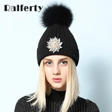 Ralferty, женская шапка с натуральным лисьим помпоном, вязаные кроличьи шапки Skullies, зимние шапки для женщин, шапки-бини с кристаллами, черная шапка