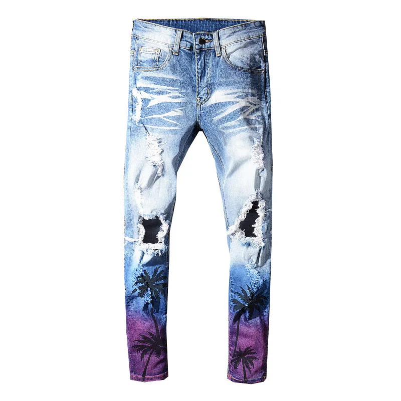 Beste Sokotoo mannen kokospalm bedrukte gekleurde ripped jeans Slim fit gaten verontruste stretch denim broek Broek