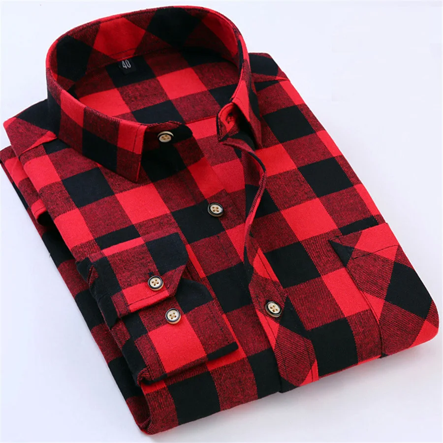 

Red Black Plaid Shirt Men Social Slim Fit Casual Mens Long Sleeve Shirt Brushed Tartan Clothing Flannel Shirts Male Camisa