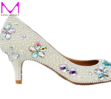 Handwerk Kätzchen Ferse Hochzeit Schuhe Elfenbein Perle Bankett Prom Party Schuhe Strass Brautschuhe runde Kappe formalen Kleid Heels