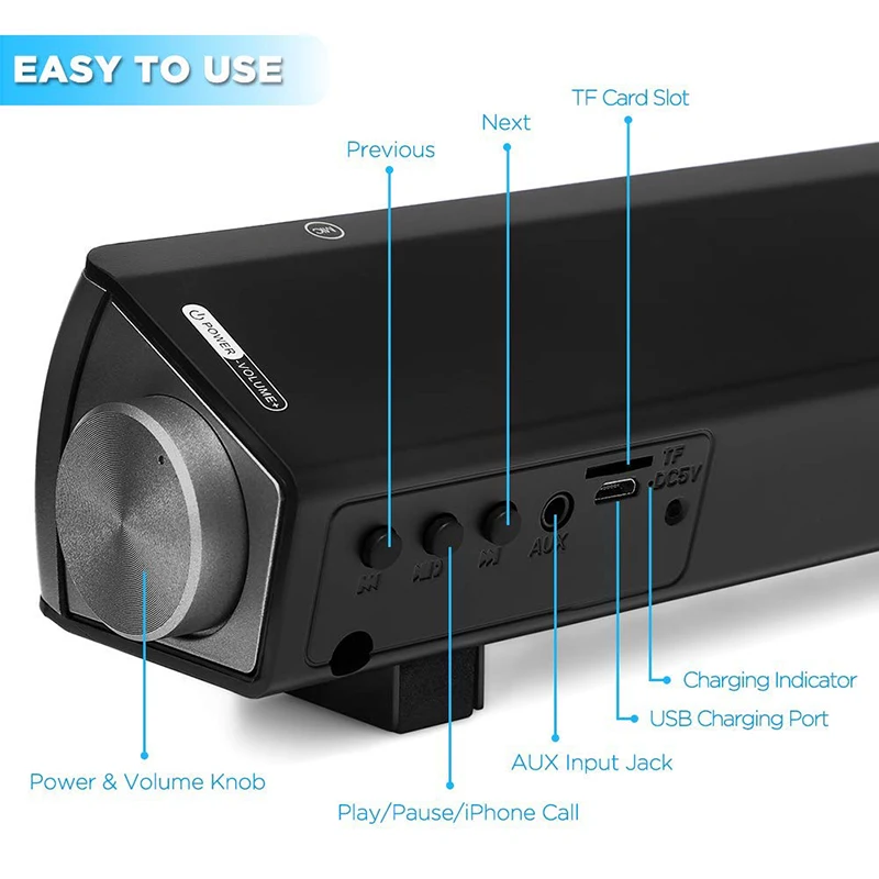 Bluetooth Звуковая Панель 15," портативные беспроводные колонки для домашнего кинотеатра объемный звук со встроенными сабвуферами для ТВ/ПК/телефонов