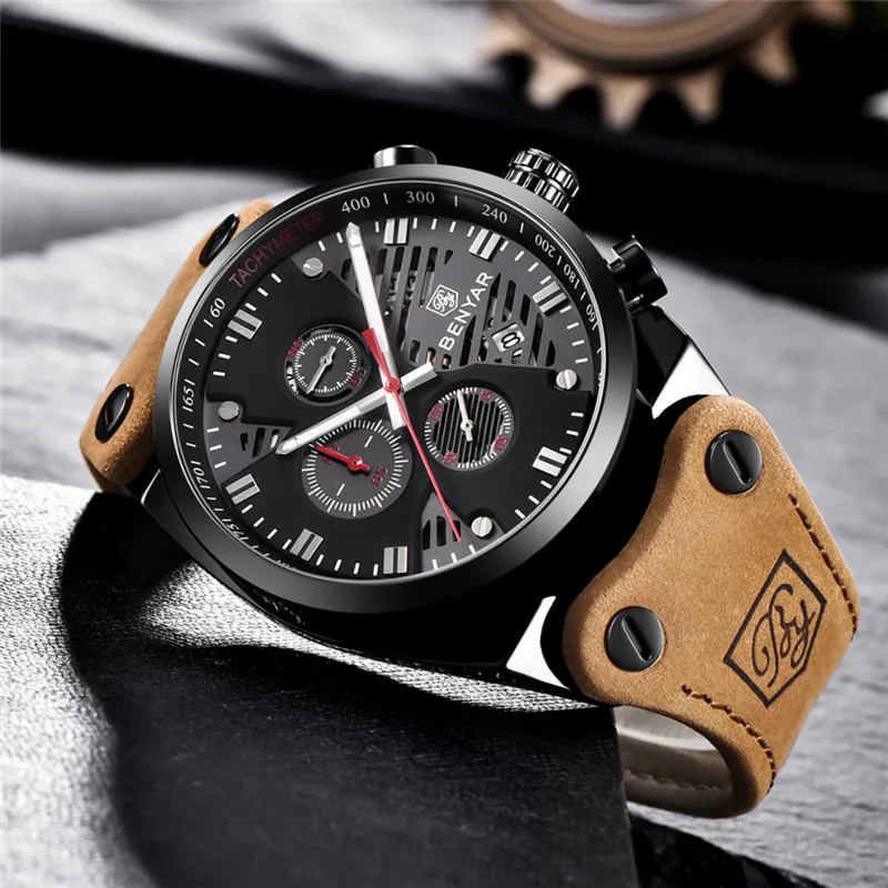 BENYAR Mens Watches Top Brand Luxury Quartz Watch Men Clock Leather Military Waterproof Sport Watch