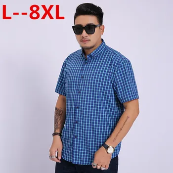 

Plus 8XL 6XL 5XL 4XL New Summer short sleeve turndown collar Linen soft comfortable cool plaid print solid business mens shirts