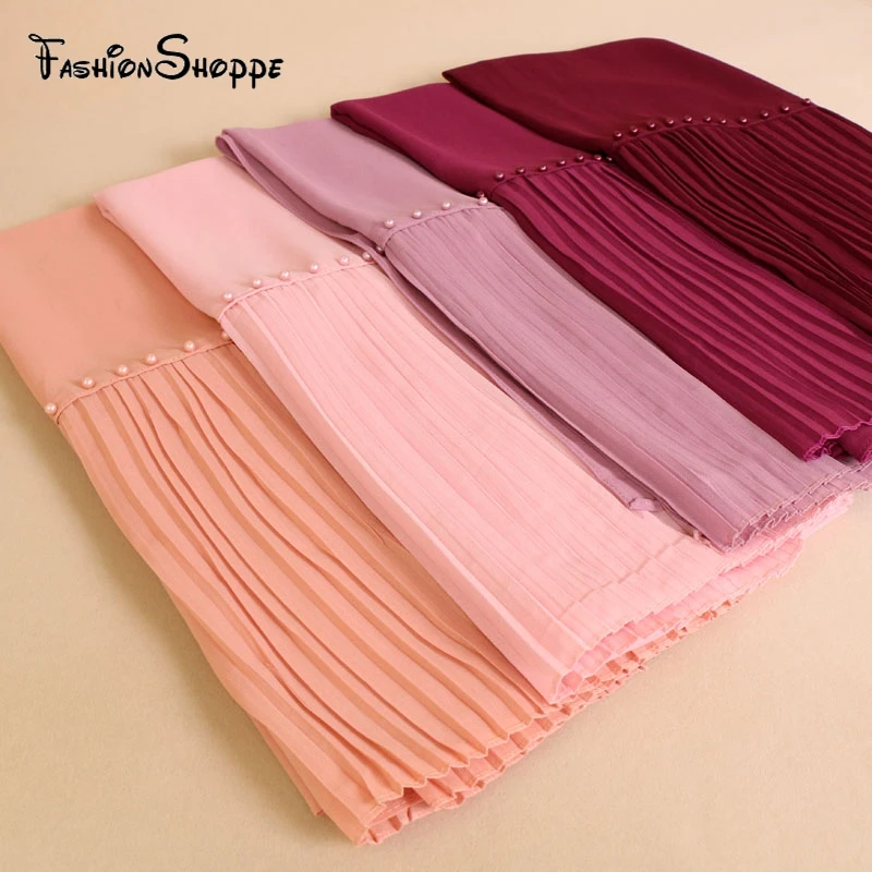 

180*72 cm Nice chiffon beads crinkled stitching shawls hijab plain solid long muslim hijabs head shawl scarf #YS303