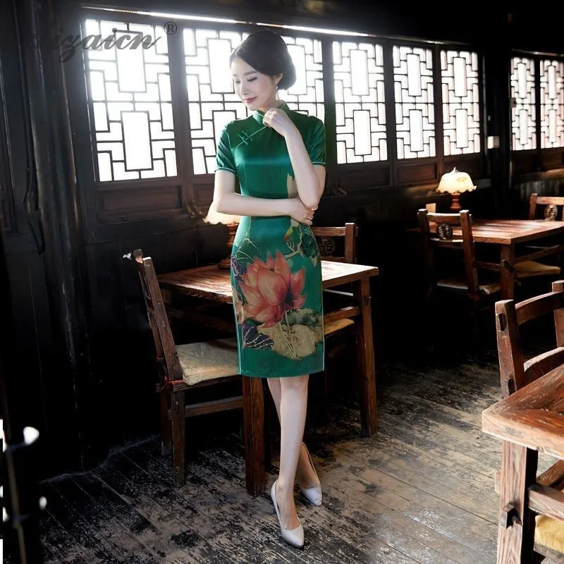 Cheongsam модерано тонкий Fit vestido Qipao Чино 2019 vestido de seda chino tradicional vestidos Винтаж Верде Восточный Qi Pao