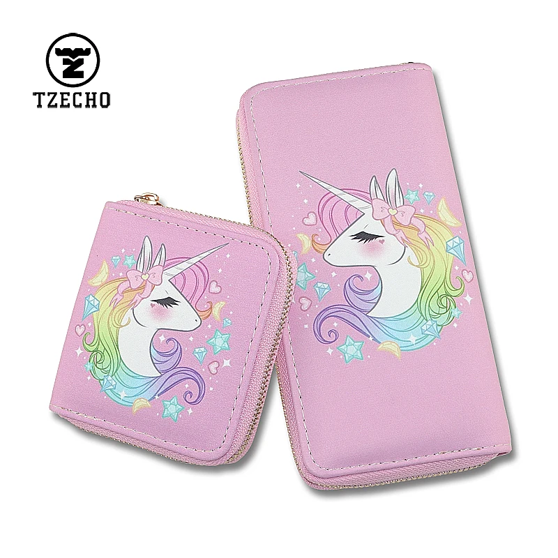 

TZECHO Long Zipper Wallets for Women PU Prints Animal Cartoon Unicorn Ladies Mini Clutch Coins Purses Credit Card for teen girls
