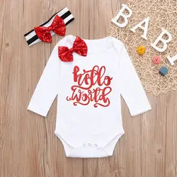 MuqGew Одежда для девочек новорожденных Для Маленьких Мальчиков Письмо печати комбинезон + наборы повязок на голову Детский комплект 2018