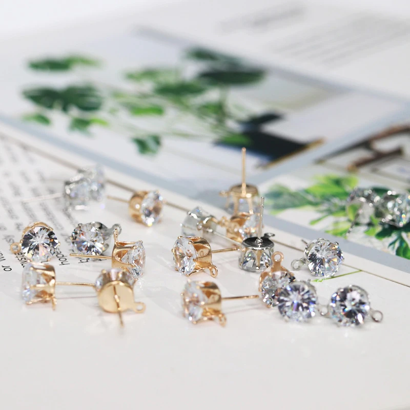 

Golden Women Crystal Girls Ear Stud Findings With Hole Handmade Jewelry Silver DIY Earring Finding Zircon Girl 6/8mm Drop 10PCS
