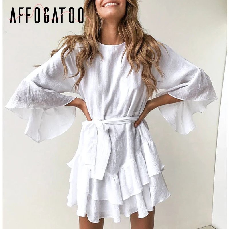 

Affogatoo Elegant ruffle Solid women Summer white dress Bohemian sash belt female short pink dress Casual beach ladies dresses