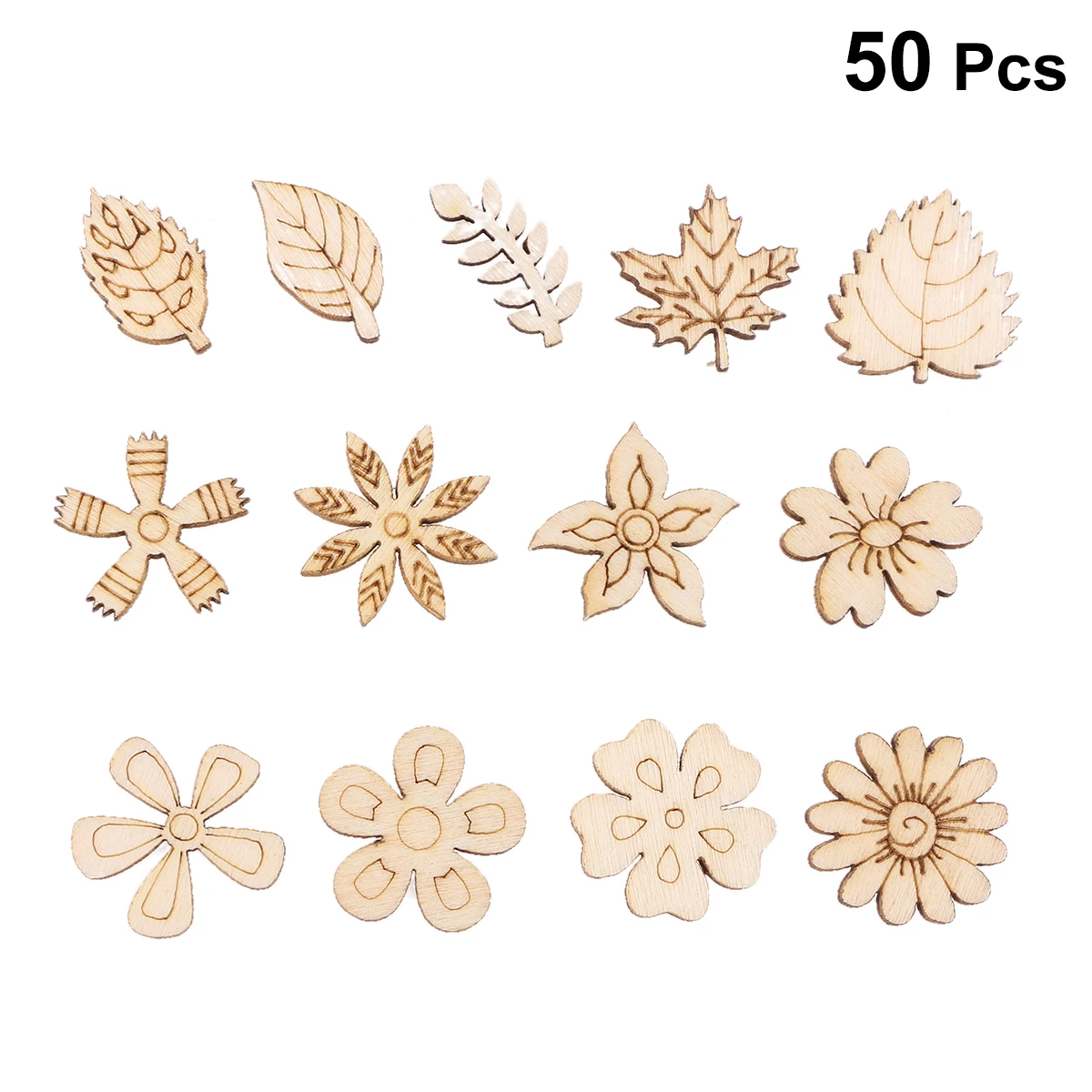 50pcs Деревянные части цветок листья вырезы ломтик для украшения для семейного альбома каракули - Цвет: 50pcs