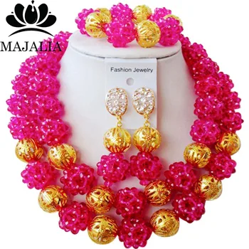 

Trendy Nigeria Wedding Fuchsia Pink african beads jewelry set crystal necklace bracelet earrings Free shipping Majalia-127