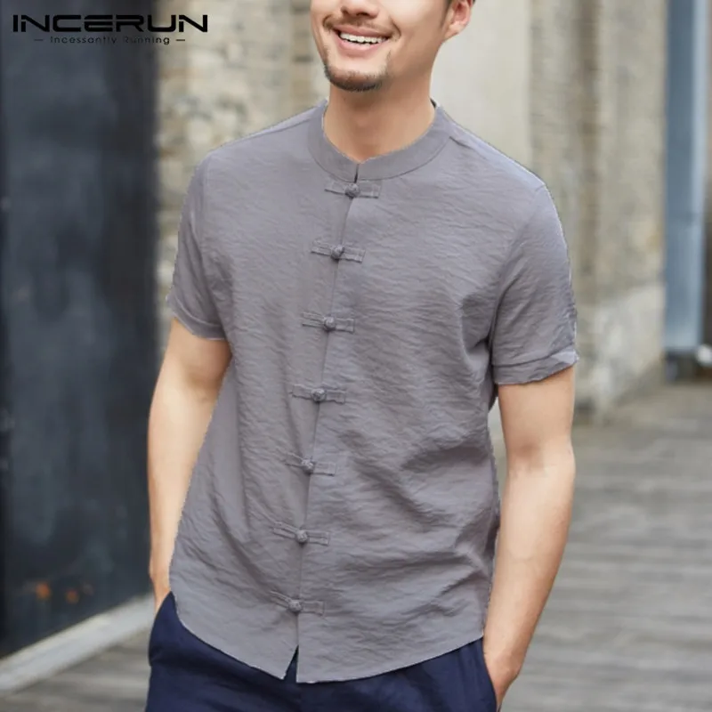 INCERUN 2019 Традиционный китайский стиль рубашка для мужчин короткий рукав Slim Fit платье рубашка одноцветное Цвет Винтаж модная повседневная