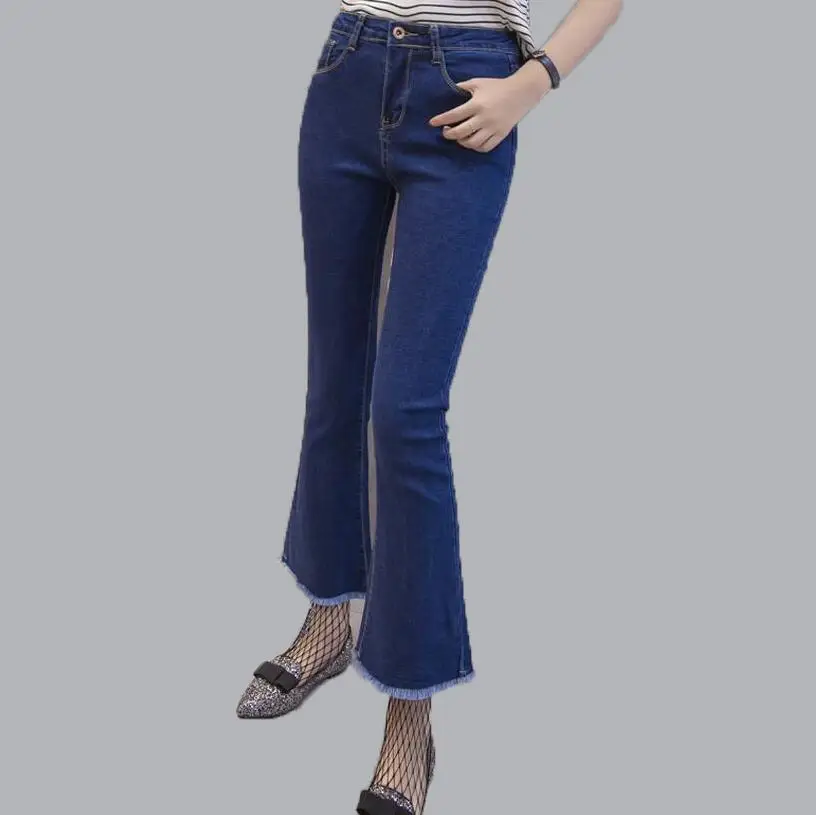 Burr Ankle length Pants Women Jeans 2017 New Fashion Mid Waist Loose Tassel Flare Pants Denim