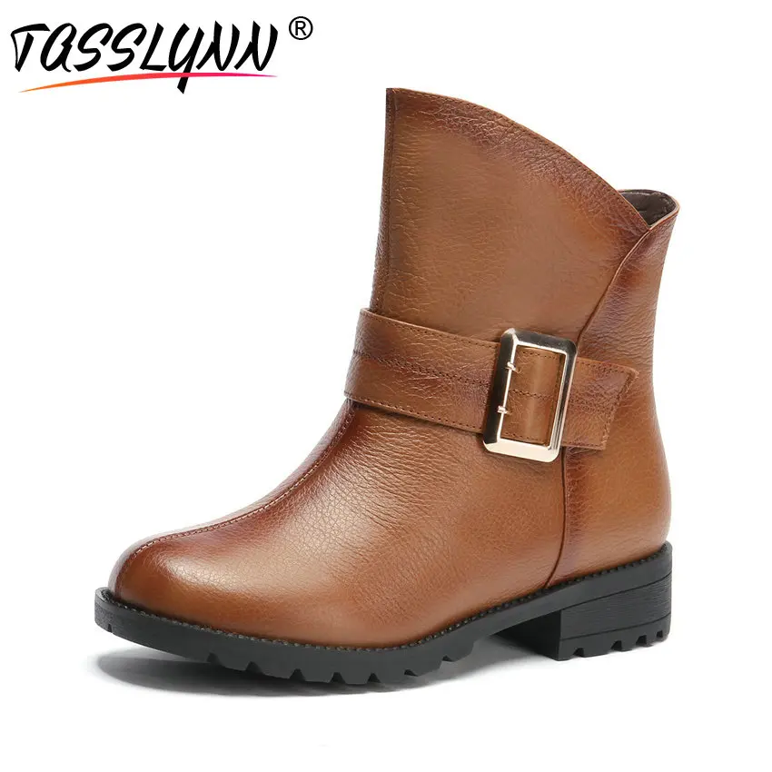 

TASSLYNN 2018 Warm Plush Women Boots Round Toe Woman Shoes Cow Leather /PU Square Med Heels Women Winter Ankle Boots Size 34-39