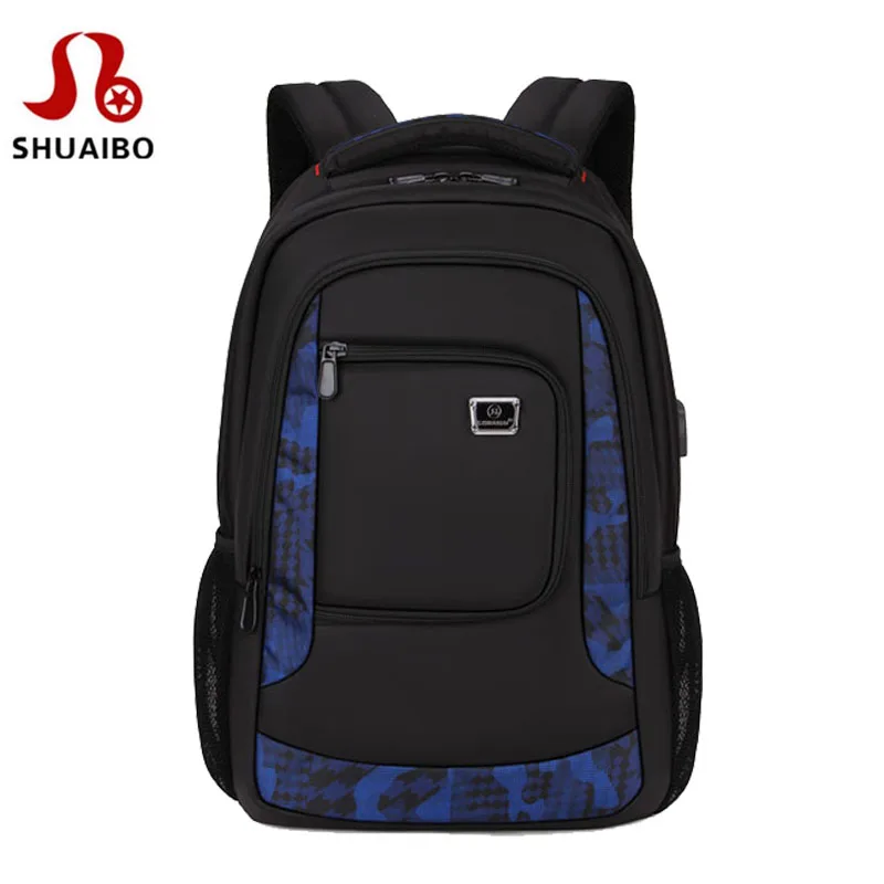 

SHUAIBO Men's Nylon Backpack External USB Charge 16 inch Computer Backpack laptop notebook bags Men school Rechargeable backpack