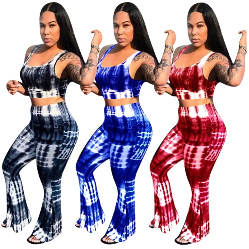 

Crop Top And Pants Two Piece Set Wide Leg Bell Bottom Pants Matching Set Sexy Plus Size Clothing XXXL Tie Dye Print Overalls