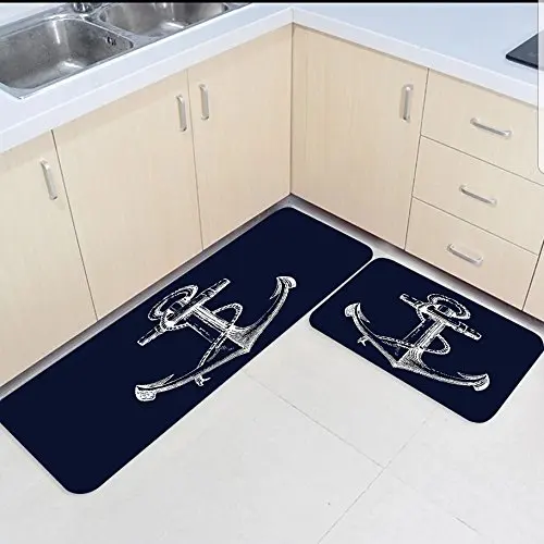 

2 Piece Kitchen Mats and Rugs Set Navy Blue Nautical Anchor Home Deocr Non Skid Area Runner Doormats Carpet