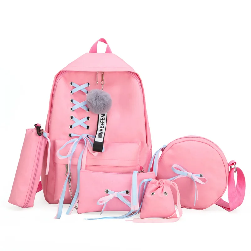 

PUIMENTIUA 5PCS/SET School Bag for Teenage Solid Backpack College Schoolbag Women Student Bag Black Lace Bow Bundle Backpack