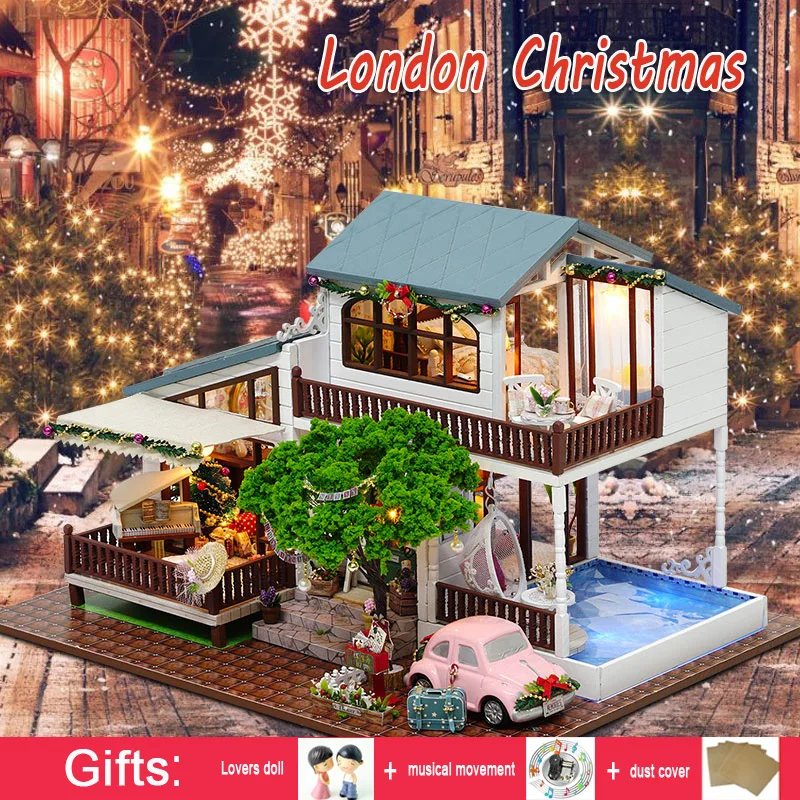 

DIY Wooden Doll house Large Miniature DollHouse CHRISTMAS LONDON Mini House Model with Dust Cover Toy House Girl Toys Gift