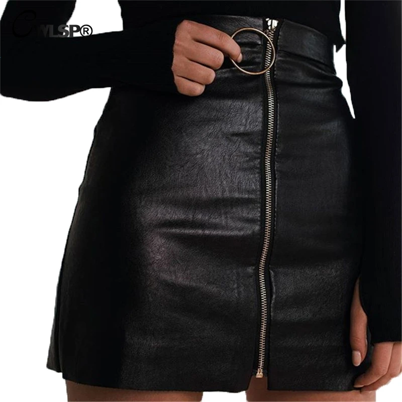 CWLSP vysoké pas PU umělé kůže sukně jaro zimní dámské 2018 populární přední zip zip prsten Mini sukně černá krátká Saia QZ1926