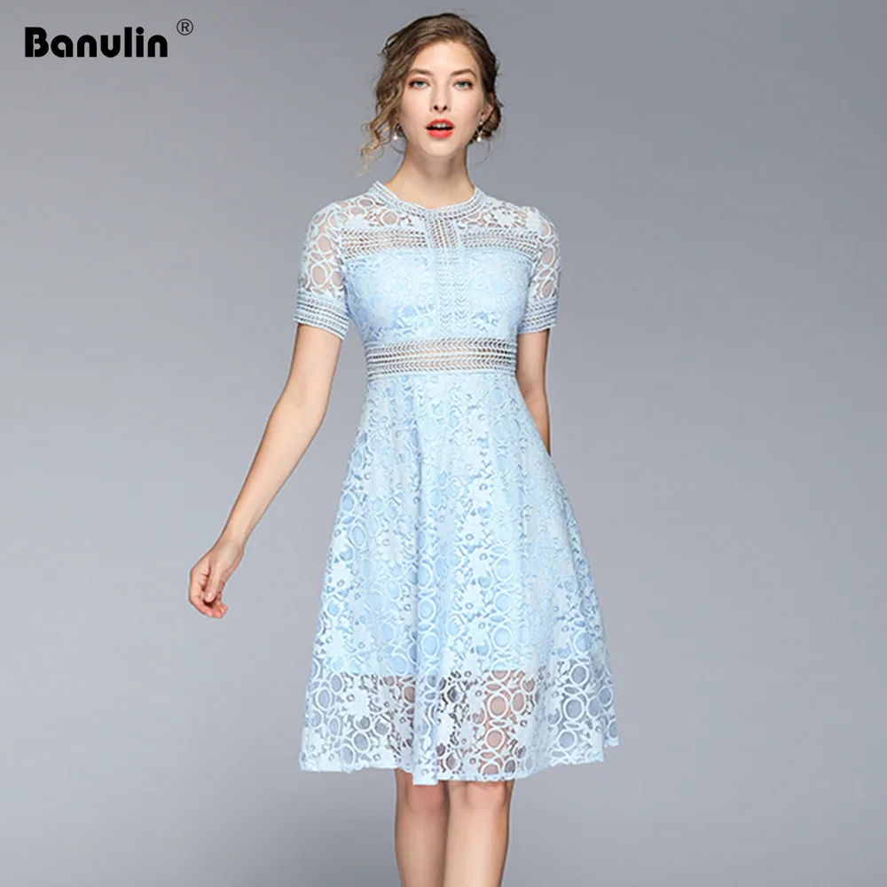 

Banulin 2019 Summer Women's Lace Dresses Floral Crochet Hollow Out Vestido Patchwork Casual Slim Office Party Midi Dress B1300