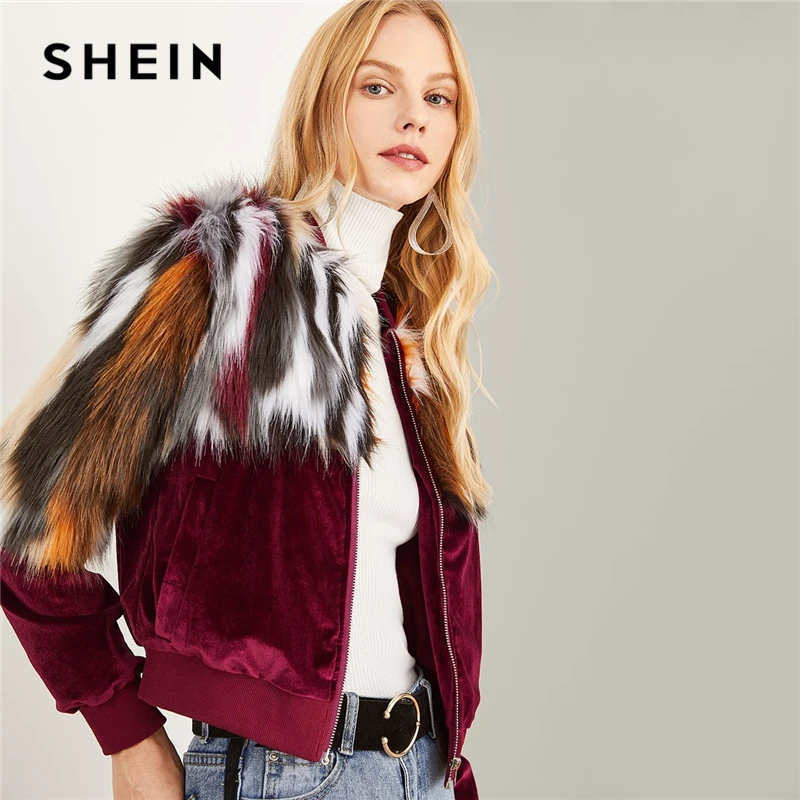 SHEIN Multicolor Elegant Office Lady Zipper Up Colorful Faux Fur Jacket 2018 Autumn Streetwear Workwear Women Coat Outerwear