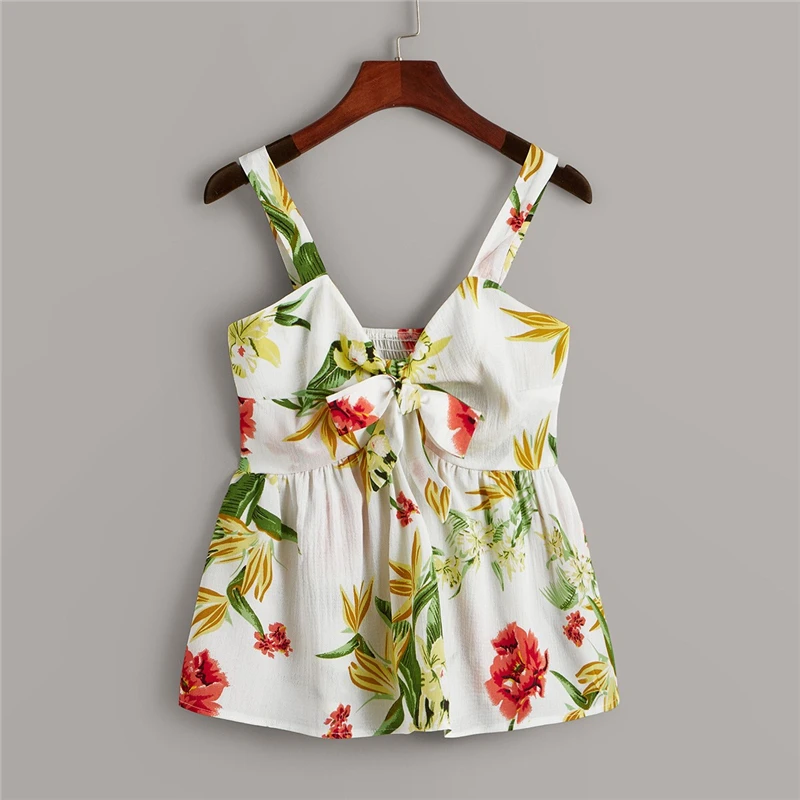 Dotfashion Beige Floral Print Tie Front Shirred Back Cami Tops For Women Summer Casual Clothing Vest Ladies Cute Camisole